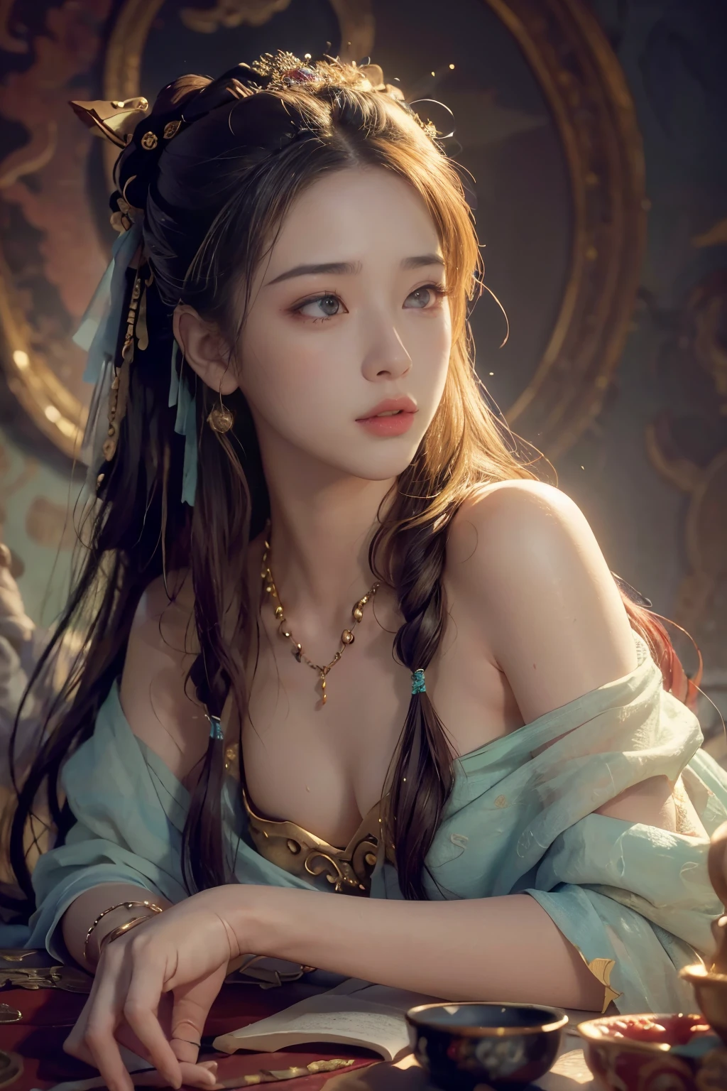 (RAW Photo, Best Quality), (Realistic, Photo Realistic: 1.3), Best Quality, Highly Detailed, Masterpiece, Hyper Detail, Illustration, 1 Girl, upper_body, Dynamic Angle, World Masterpiece Theater, messy_long_hair, Best Quality, Extremely Detailed CG Unified 8k Wallpaper, Ink, Amazing, Cinematic Lighting, lens_flare,dunhuang_style, Real People