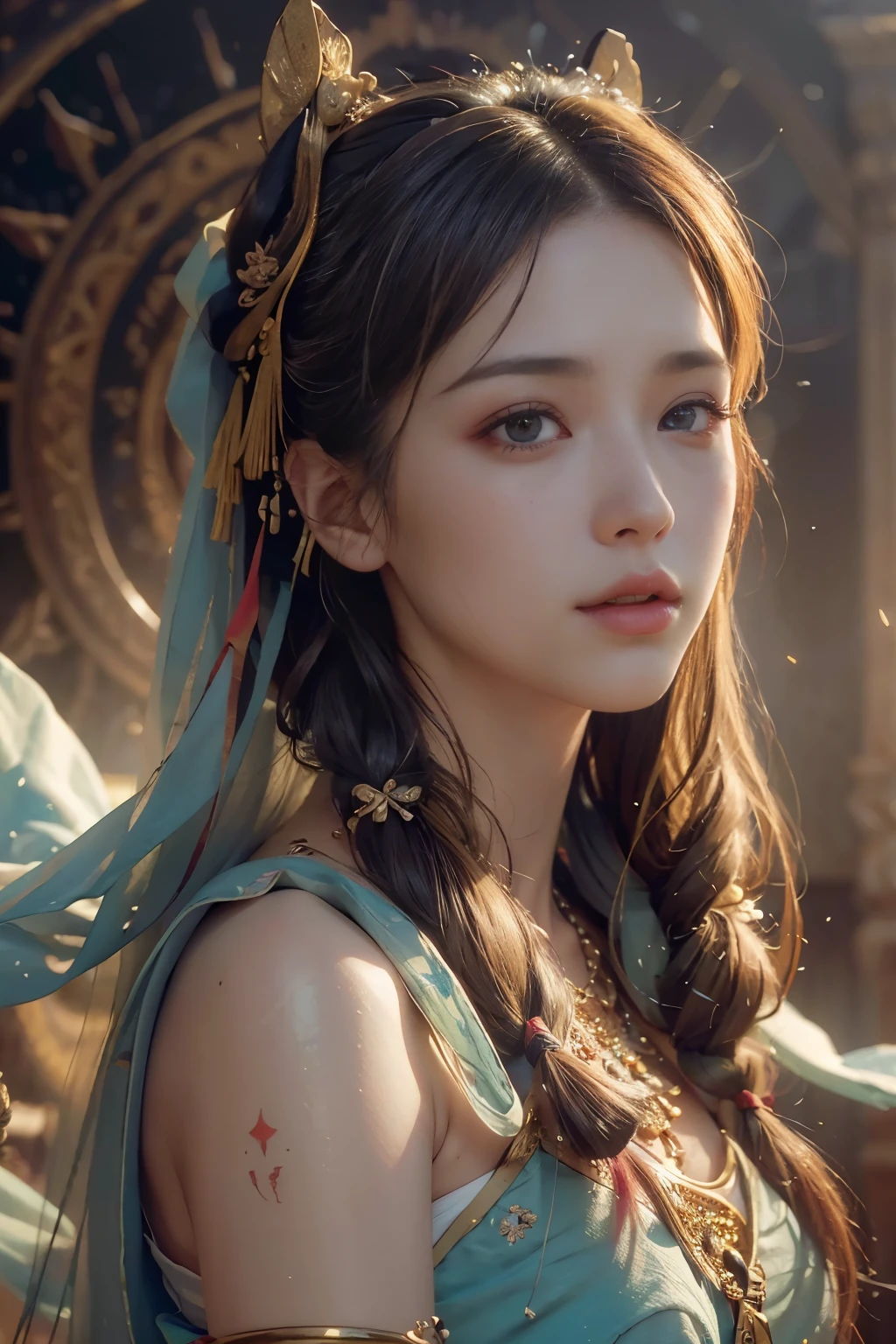 (RAW Photo, Best Quality), (Realistic, Photo Realistic: 1.3), Best Quality, Highly Detailed, Masterpiece, Hyper Detail, Illustration, 1 Girl, upper_body, Dynamic Angle, World Masterpiece Theater, messy_long_hair, Best Quality, Extremely Detailed CG Unified 8k Wallpaper, Ink, Amazing, Cinematic Lighting, lens_flare,dunhuang_style, Real People