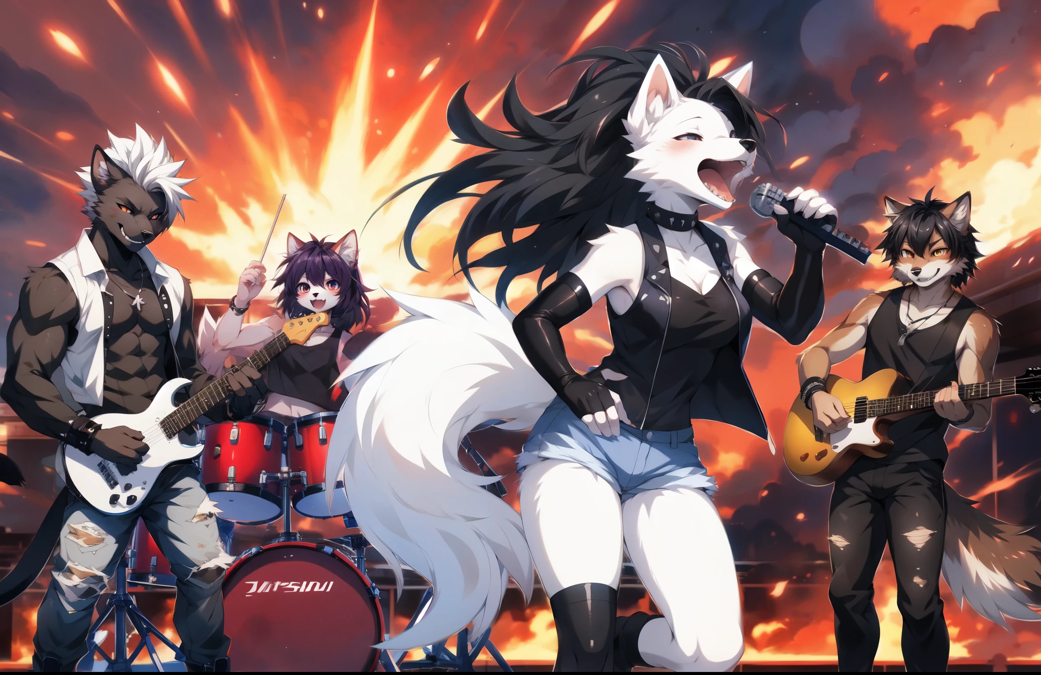 anime characters with guitars and a cat playing a song, badass anime 8 k, anime cover, furry anime, official artwork, white fox anime, high detailed official artwork, anime style 4 k, fursona art, nightcore, kawacy, background artwork, detailed background, kemono, wolfgirl, white - haired fox, “ anime, by fumiko, by hyattlen, by hioshiru