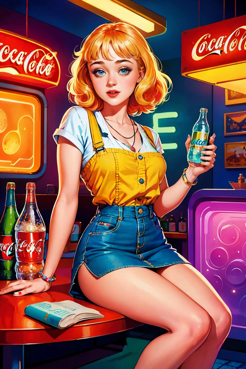 Dakota Fanning, clad in a mini-skirt, casually sips on a classic Coke bottle in this vibrant pin-up art piece. The scene is illuminated by a warm, retro glow, reminiscent of a bygone era. The fine details of her expression and the fizzy bubble effect on the Coke are captivating, adding to the overall charm and allure of the art. The colors are bold and saturated, bringing a playful and energetic vibe to the image. This captivating piece is rendered in high resolution, ensuring that each intricate detail shines through.