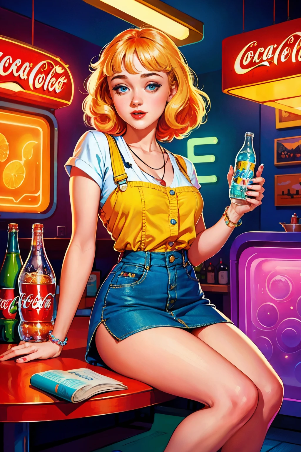 Dakota Fanning, clad in a mini-skirt, casually sips on a classic Coke bottle in this vibrant pin-up art piece. The scene is illuminated by a warm, retro glow, reminiscent of a bygone era. The fine details of her expression and the fizzy bubble effect on the Coke are captivating, adding to the overall charm and allure of the art. The colors are bold and saturated, bringing a playful and energetic vibe to the image. This captivating piece is rendered in high resolution, ensuring that each intricate detail shines through.