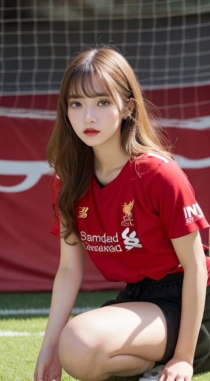 (realistic, high resolution:1.3), 1 girl with a perfect body, Very detailed face and eyes,long hair, (Red Shirt:Liverpool Football Club player shirt 1.2), short jeans, big girl,Revealing the cleavage, soccer ball in hand,(environment,Football Field)