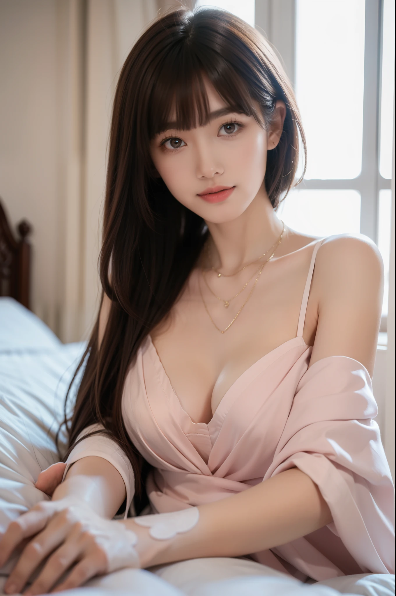 detailed, dense, masterpiece, a girl, beautiful, a girl lying on bed with blanket, brown hair, 22 years old, smooth skin, glowing skin, glowing hair, clear eyes, glowing eyes, brown eyes, Soft lips, pale pink lips, (The audience looks down: 0. 8) smile slightly, Shy, open mouth, Bangs, a girl, big breasts, glowing skin, Cinema lighting, rich lighting, room lighting, Simple gold necklace, Diamond necklace, high angle, low angle, (masterpiece: 1.0), (actual: 1.6), (soft focus: 1.5)