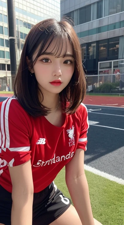 exquisite details, high resolution, High quality、Perfect dynamic composition, Beautifully detailed eyes, medium hair, small tits、natural lip color,Kamimei、Shibuya、20 year old girl、1 person、Clear skin、fluorescent hair、table top, best quality, illustration, Very detailed, exquisite details, high resolution, 8ก、The correct state of the human body.、crouch down、Pose pattern engraving,I soared in the wind. (soccer ball in hand) ,(environment,Football Field) ,(football player set,Liverpool FC,England),(เสื้อLiverpool FC, Red Shirt), (Random shorts)