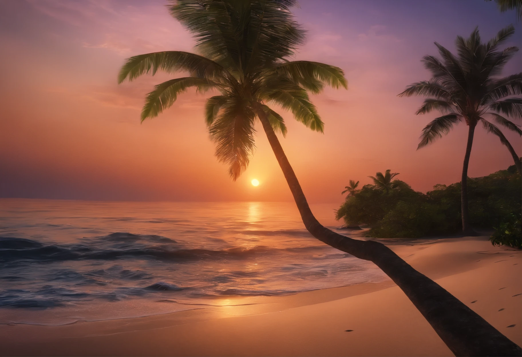 masterpiece, best quality, ultra detailed, extremely detailed, beautiful detailed glow, ultra high res, very high res, realistic, photorealistic, beautiful, distinct, best aesthetic, 4k, 8k, sunset, beach, a palm tree