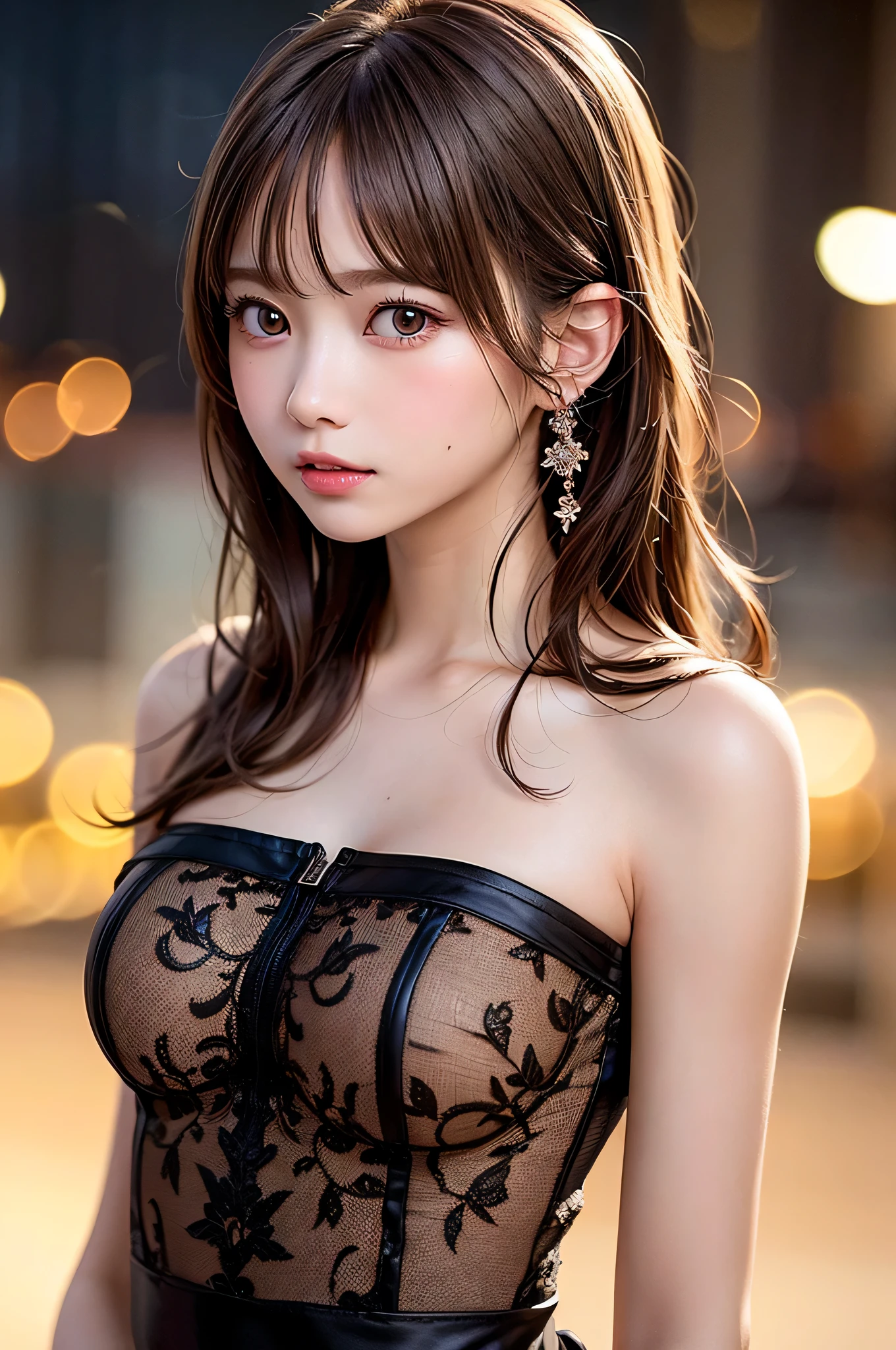 (best quality), (ultra-detailed), (illustration), (detailed light), (an extremely delicate and beautiful), 1young girl, brown hair, brown eyes, model, bare shoulders, best quality, extremely detailed CG unified 8k wallpaper, High-definition raw color photos, professional photograpy, (((Bokeh))), depth of fields, twilight, sunset,