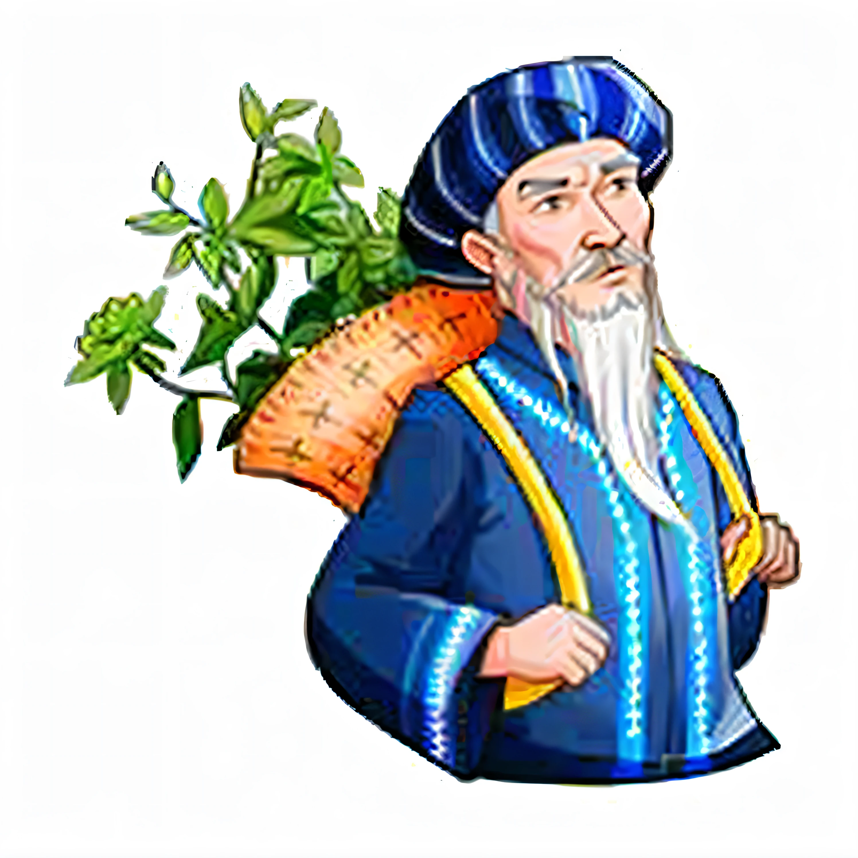 cartoon illustration of a man with a beard and a bag of carrots, gujian, mongol, ancient mongolian elon musk, mogul khan, bao pnan, herb, guan yu, adar darnov, abdulov, al chang, yuan - ti, wise old man, hua cheng, genghis khan, ottoman sultan, alchemist, guangjian huang