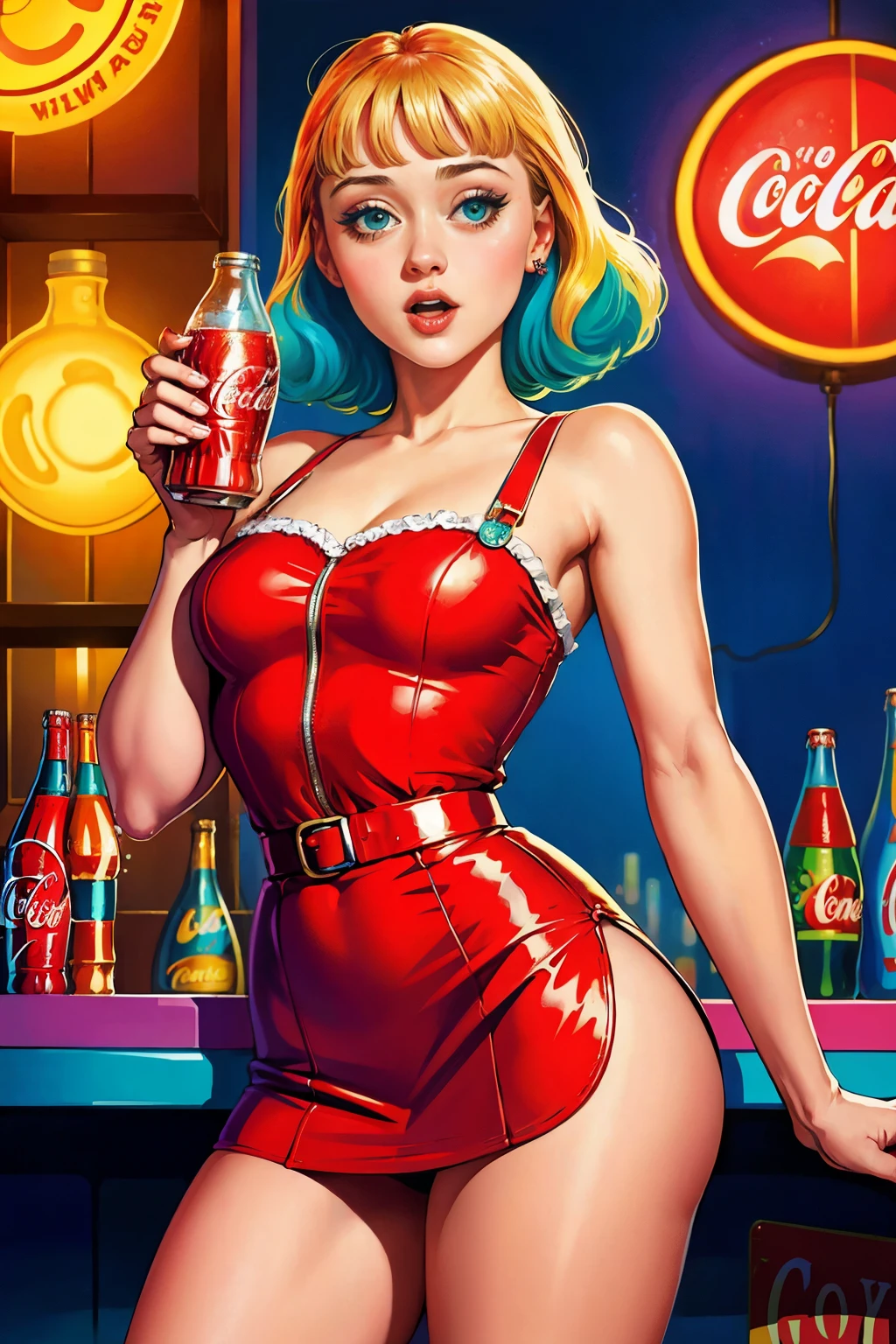 Dakota Fanning, clad in a mini-skirt, casually sips on a classic Coke bottle in this vibrant pin-up art piece. The scene is illuminated by a warm, retro glow, reminiscent of a bygone era. The fine details of her expression and the fizzy bubble effect on the Coke are captivating, adding to the overall charm and allure of the art. The colors are bold and saturated, bringing a playful and energetic vibe to the image. This captivating piece is rendered in high resolution, ensuring that each intricate detail shines through.