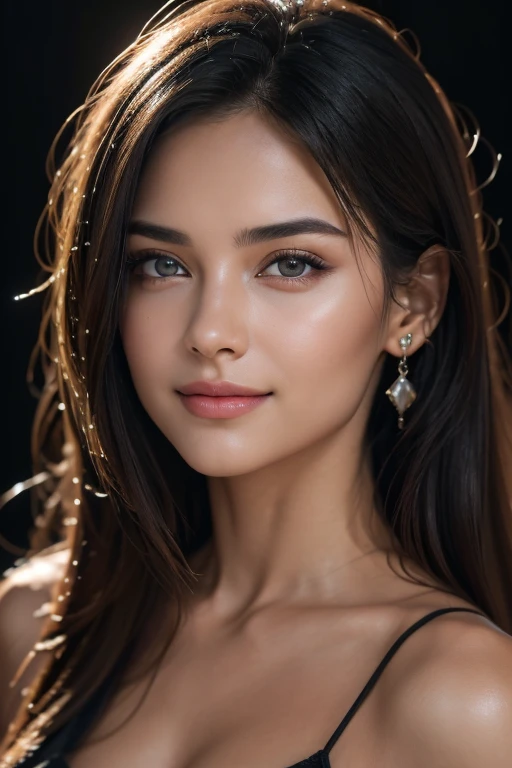 Bella Sanchez, Belle jeune fille, Super nice facial detail, medium breasts, open breasts, tight slim body, (visage fin:1.2), accessoires, earrings, High quality, Realistic, Very detailed, High definition, RAW color photo, ((Realistic full-body photo)), natural light, Beautiful Detailed, super detail, High Details, pony tail, red lipstick, ((clivage)) , highest quality, epic realistic, ((in the pitch black darkness :1.4)),(background: dark ) high contrast ,glorious picture, lowest lux, lighting face, she's comfortable, looks incredible, (8k, Raw photo, Highest quality),(epic realistic:1.5), (detailed eyes:0.8),(looking at the camera:1.4), (Highest quality), ( high contrast, deep shadows),Intricate details,cinematic,((skin:1.4)), (long dark hair:1.3), long hair,Detailed, colors, Superior quality, Masterpiece, Raw Photo (20-year-old, looking at viewer), beautiful, perfect, natural, perfect composition, perfect face, smiling expression, Captivating eyes, Bright details, (High Skin Detail), (sale: 0.8), (bloody: 0.7), Key lighting , (backlight: 0.5), Medium depth of field, Canon 5d, 50mm lens, f/4 apertures, (Ultra-detailed, Complex detail), sharp focus, soft colors, 8k, Absurd, 80mm, bokeh background, photography, (wide angle, upper body)