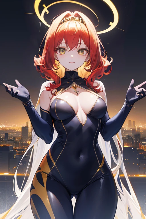 (Masterpiece: 1.5, best quality, high resolution: 1.3, super resolution, super detailed, ultra detailed: 1.3, rich background: 1.2, 1 woman)) pale skin + reddish hair + fluffy curly hair + amber eyes + long eyelashes + female body + medium chestb+ wide hips + thick thighs (neoprene suit with spider web designs, has a neckline on the chest with a golden gem embedded in it, Golden halo behind her head, She has halos of golden light on her wrists) ((smiles , raised in the air, city in the background illuminated by lights, golden light from halos in gold)) (colors for clothing and accessories: white, gold, navy blue, silver)