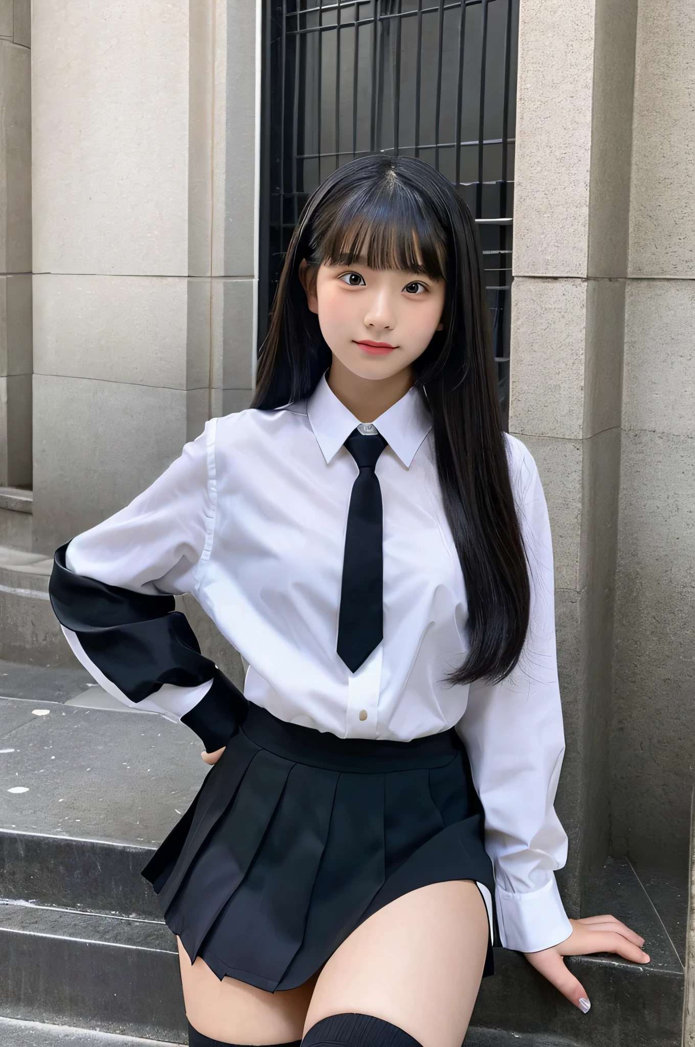 An 18-year-old high school girl wearing a white shirt and black miniskirt uniform...（Black-haired ponys）