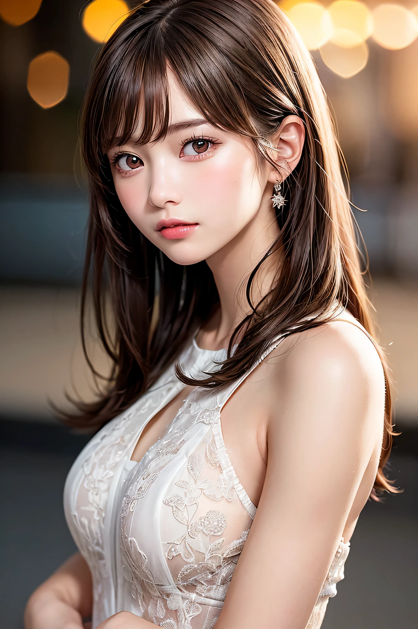 (best quality), (ultra-detailed), (illustration), (detailed light), (an extremely delicate and beautiful), ung girl, brown hair, brown eyes, model, bare shoulders, best quality, extremely detailed CG unified 8k wallpaper, High-definition raw color photos, professional photograpy, (((Bokeh))), depth of fields, twilight, sunset,
