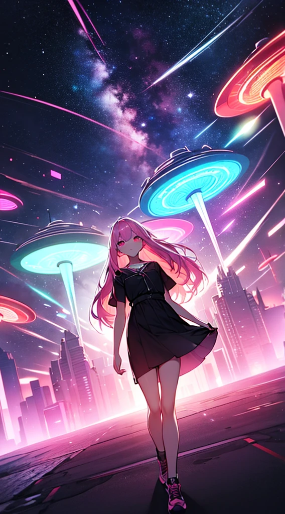 Long pink hair woman, night, neon, flying saucer, abduction, galaxy background, neon lights, black clothes with led, 4k