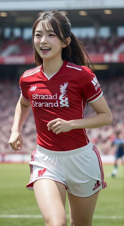 table top, best quality, Virtual image, exquisite details, high resolution, 8k wallpapers, Perfect dynamic composition, Beautifully detailed eyes, medium hair, big, full breasts, Random and sexy poses,Gather your breasts together.、、(Convex chest 1.2)、smile、open mouth open、Resort scenery、23 years old、(Strabismus 1.4)、Adult Beauty、Japan, (soccer ball in hand) ,(environment,Football Field) ,(football player set,Liverpool FC,England),(เสื้อLiverpool FC, Red Shirt), (Random shorts)