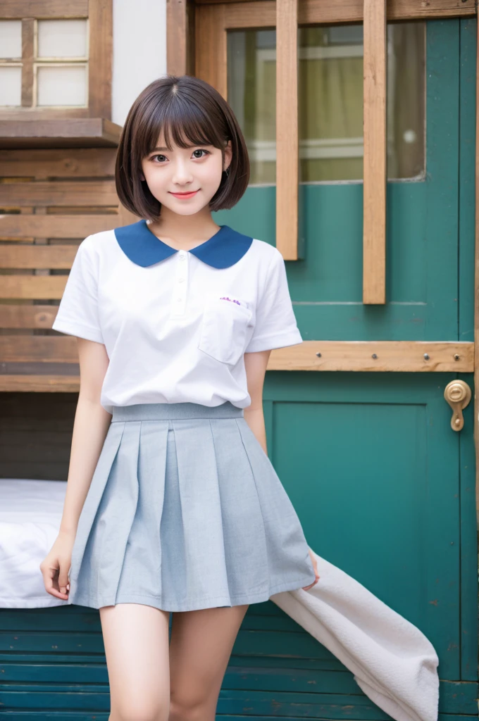 (8k),(masterpiece),(Japanese),(8-year-old girl),((innocent look)),((Childish)),From the front and above,smile,cute,Innocent,Kind eyes,Plain T-shirt,Short sleeve,Short skirt with blue check,semi-long,Hair blowing in the wind,Black Hair,Somewhat strong wind,noon,bright