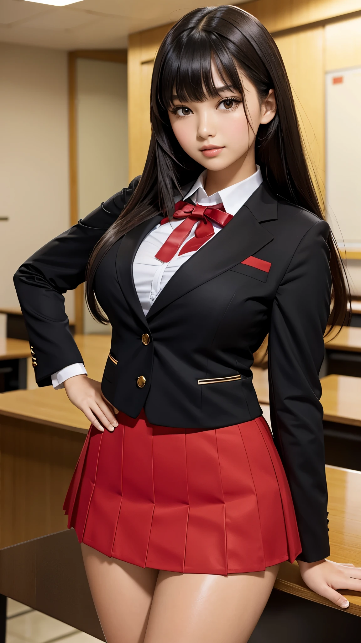 ((best quality)), ((muste piece)), (detailed breasts), (highlight), perfect face　Young girl highlighting large breasts with detailed face、Long, thick, shiny, beautiful black hair with blunt bangs、solid color background、Standing wearing red and black blazer and miniskirt school uniform、Japanese high school girl、student council president idol、