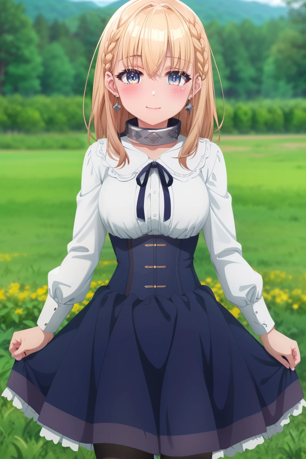 ,camel toe,whole body,白いpantyhose,pantyhose,å©•ä¸,1 girl,star earrings,alone,blonde hair,Braid,medium hair,bangs,bright瞳孔,茶colorの目,hair between eyes,white pupils,
Metal collar,neck ribbon,white shirt,black ribbon,center ruffle,corset dress,blue clothes,long sleeve,ruffle skirt,medium breasts,clavicle,笑face, blush, lift skirt mary janes,outdoor,Grass,Wind,Wind lift,Fallen leaves,, exquisite visuals, High resolution,masterpiece,Highest quality,, 18-year-old,young woman,beautiful指,beautiful長い脚,beautiful体,beautiful鼻,beautifulキャラクターデザイン, perfect eyes, perfect face,expressive eyes,
official art,Highly detailed CG Unity 8K wallpaper, perfect lighting,colorful, bright_front_face_lit,shiny skin, 
(masterpiece:1.0),(Highest_quality:1.0), 超High resolution,4K,super detailed,
photograph, 8K, HDR, High resolution, disorganized:1.2, kodak portrait 400, film grain, blurred background, Bokeh:1.2, Lens flare, (vibrant_color:1.2), (beautiful_face:1.5),(narrow_waist), ,NSFW,