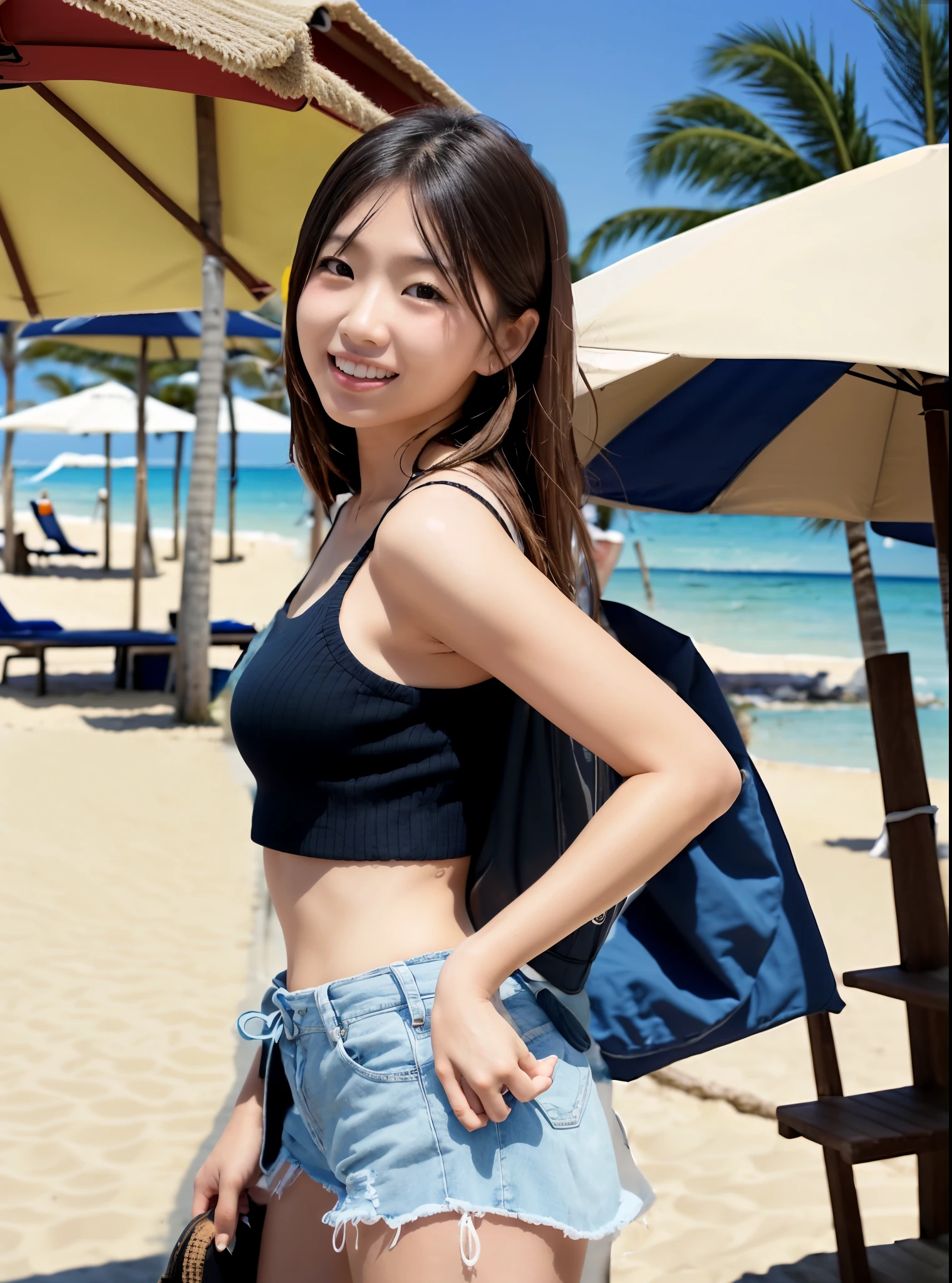 Japan beautiful, white tank top, short hair, white mini skirt, seaside surfing, smiling woman, --auto --s2