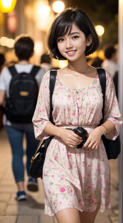 dark-skinned Malaysian girl (Look at Filzah.:0.8) I wore short hair and wore a long, loose pastel floral dress. walking in college, Put on a backpack, front view, Pixie hair cut, messy hair, hair dryer, Fine skin, Fine skin texture, Mole under the eye, small breast, Flat chest, Big hips, Big waist, big thighs, Slim stomach, beautiful body, at night, laugh, be happy, bright light, college students in the background, crowded college, blurred background, Bokeh,