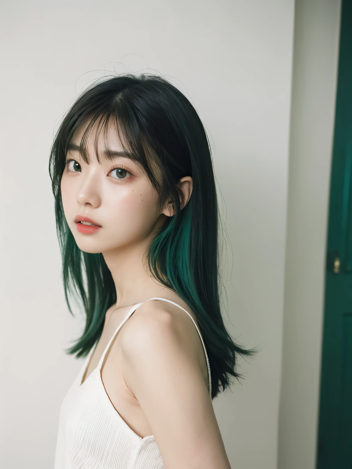 ee-through tops、(背景にwhite wall、Part of her hair is emerald green:1.4)、white wall、Taken in front of the white door、(窓のあるwhite wallの部屋)、((highest quality、8K、masterpiece:1.3))、ultra high resolution、(photorealistic:1.4)、raw photos、Japanese,(details face)、real、Shot in natural light、Highly detailed face and skin texture、highly detailed lips、correct state of the human body、medium hair、black hair、various poses、natural color lip