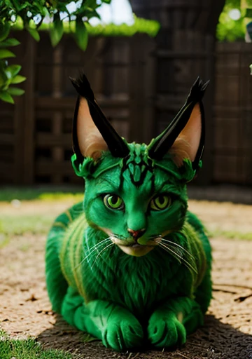 beautiful green cat, fantasy style, horns on the cat's head, many details, HYPER DETAILED 