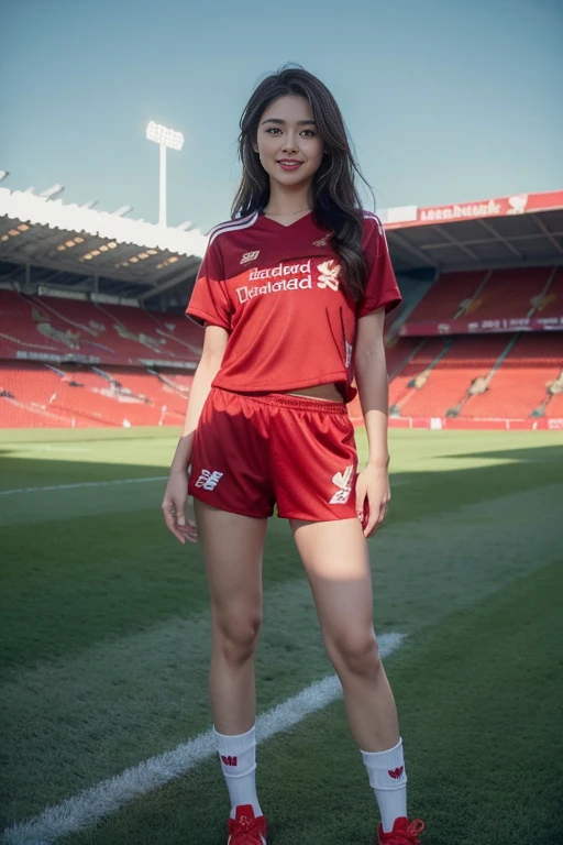 (8ก, best quality, Masterpiece:1.2), (realistic, realistic:1.37), Special details, 1 girl,cute,alone,Beautifully detailed sky,date,(Blush),(smile:1.15),(gag)small breasts,Beautifully detailed eyes,(long hair: 1.2),floating hair NovaFrogStyle, full body, (soccer ball in hand) ,(environment,Football Field) ,(football player set,Liverpool FC,England),(เสื้อLiverpool FC, Red Shirt), (Random shorts)
