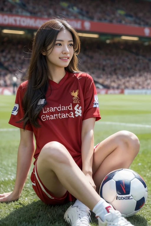 (8ก, best quality, Masterpiece:1.2), (realistic, realistic:1.37), Special details, 1 girl,cute,alone,Beautifully detailed sky,date,(Blush),(smile:1.15),(gag)small breasts,Beautifully detailed eyes,(long hair: 1.2),floating hair NovaFrogStyle, full body, (soccer ball in hand) ,(environment,Football Field) ,(football player set,Liverpool FC,England),(เสื้อLiverpool FC, Red Shirt), (Random shorts)