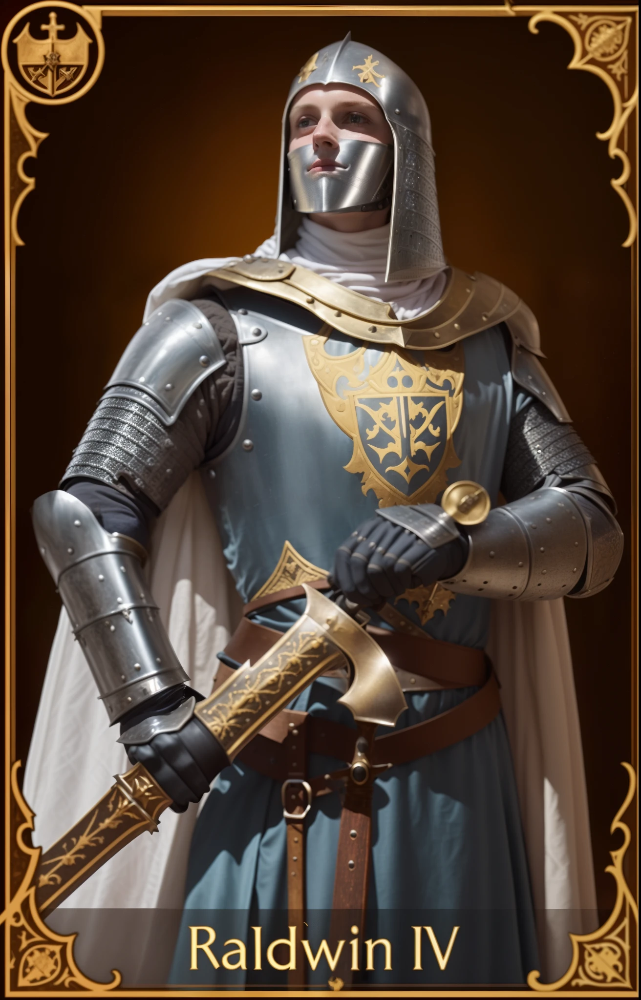 a close up of a person in a medieval costume holding a sword, portrait knight female, holy crusader medieval, holy crusader medieval knight, medieval holy crusader knight, templar, picture of a male cleric, holy medieval crusader, teutonic knight, female redhead templar, female medieval knight, knights templar in a space suit, female knight