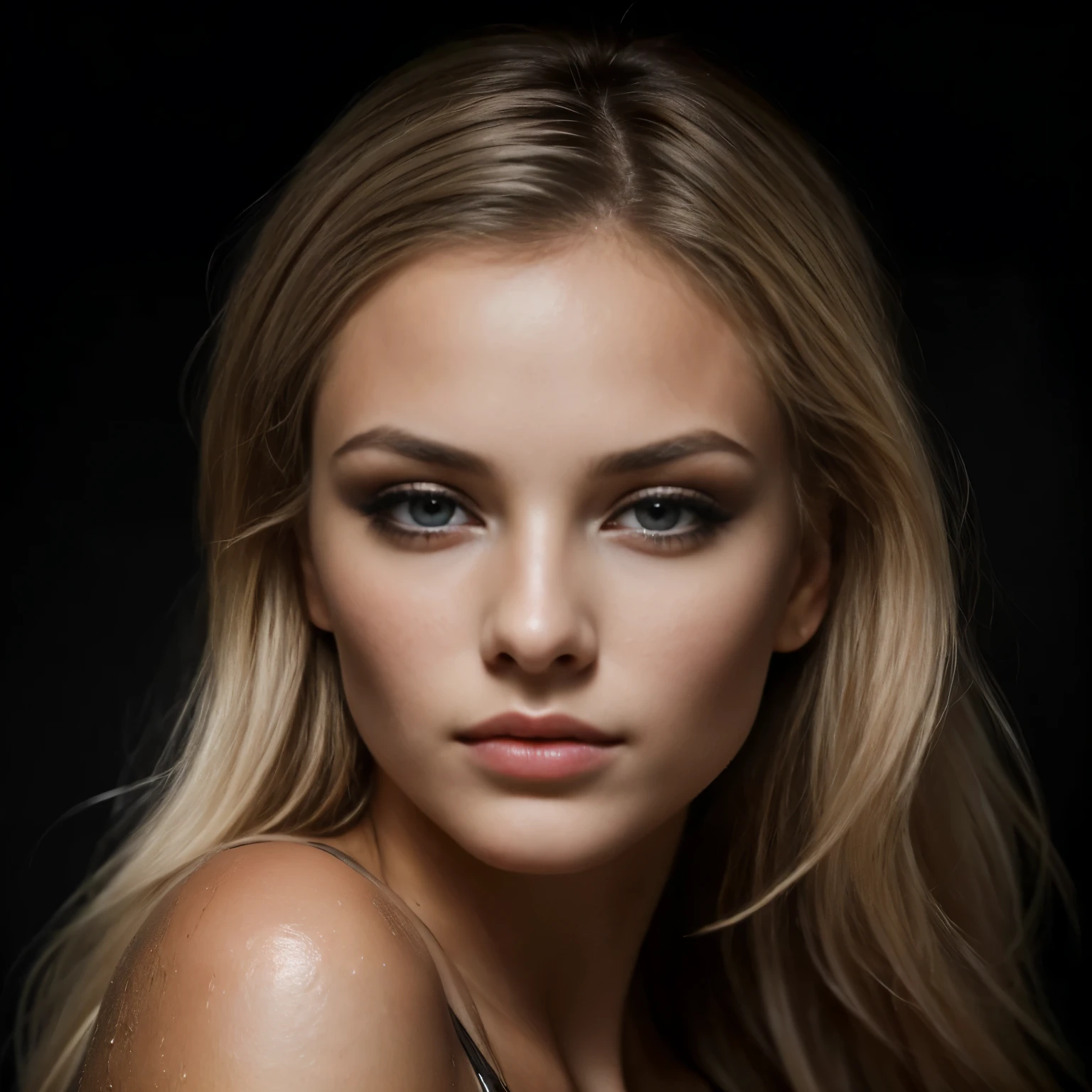 Front bodyshot of a 25-year-old European woman, confidently pointing at the camera with a serious Expression, blonde hair cascading down her shoulders in soft waves. Her skin is amazingly detailed (1.4), with a natural glow and virtually invisible pores (0.6). The intricacy of her makeup is captured in great detail (1.2), accentuating her defined features and sculpted cheeks. Her eyes, dark and captivating, are sharply focused and detailed (1.2), with deep, expressive pupils.

Set against a black backdrop, the woman is bathed in soft studio light. The image exudes a dark and mysterious atmosphere, with a