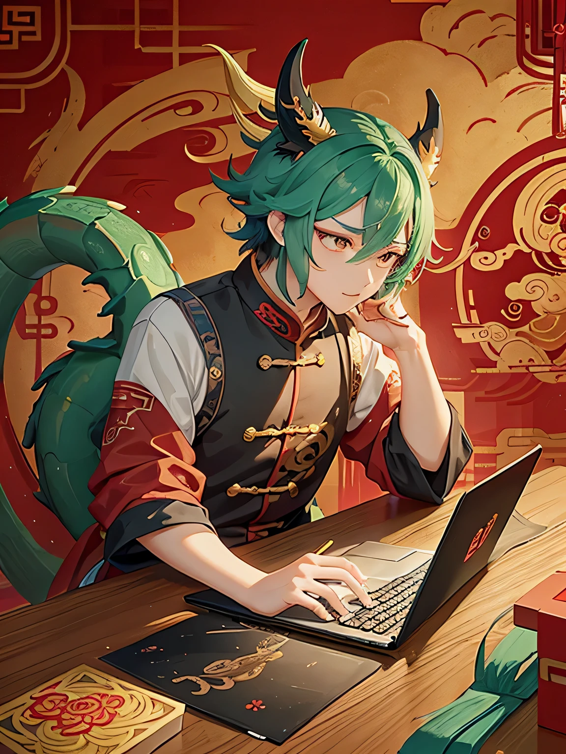 The oriental dragon, a beloved character from Chinese mythology, sits in front of his laptop, engrossed in typing code for the upcoming Spring Festival. Pride and concentration shine in his golden eyes as he creates his masterpiece, surrounded by the vibrant elements of the festive season. Red envelopes, a symbol of good fortune and prosperity, can be seen scattered on the table next to him.

This cartoon image, showcasing the cute little dragon as a programmer, is rendered in the highest HD quality, promising a detailed and captivating visual experience. The illustration transitions seamlessly between the traditional Chinese atmosphere and the modern twist of coding, all while maintaining a master quality and intricate detail