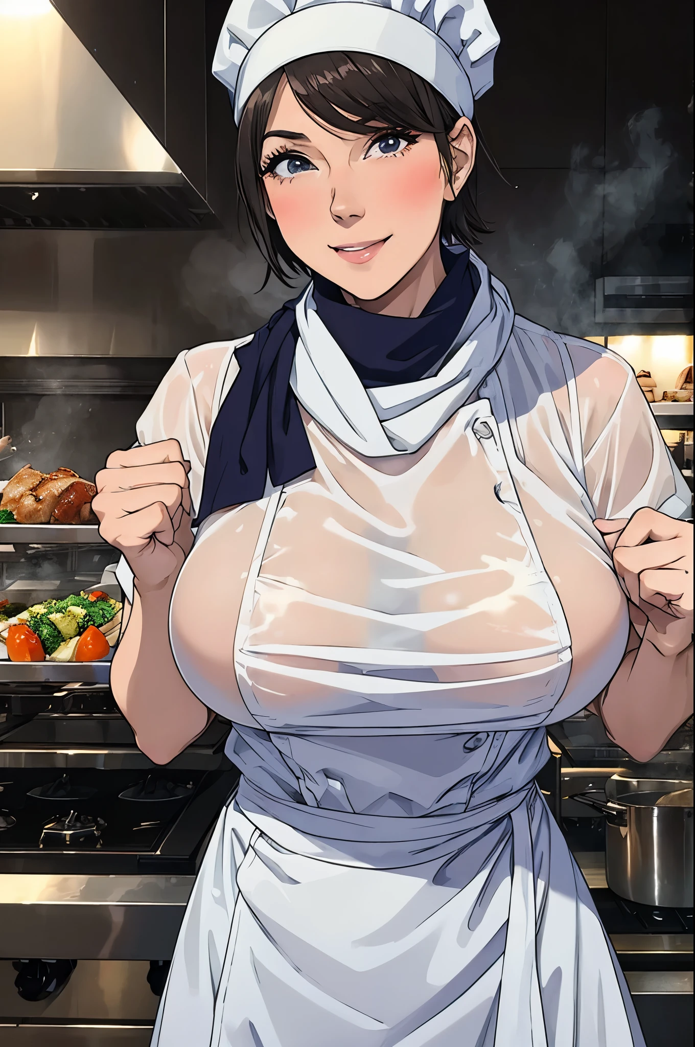 ((vulgar)),japanese sexual addiction 47-year-old slender build slutty milf chef,Sweaty skin,see-through white Chef's uniform,chef's hat,scarf,Short hair,smile shyly,big breasts,steam,restaurant kitchens