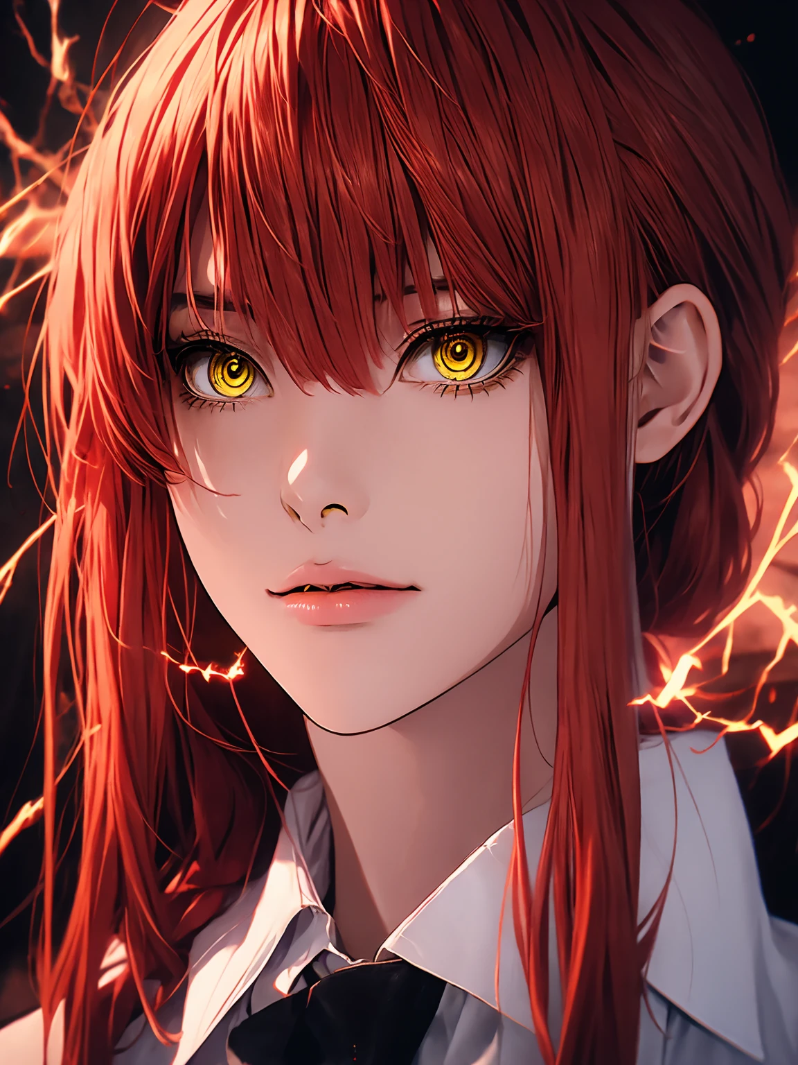 beautiful gorgeous Makima woman staring at the viewer, yellow eyes, sharp, red hair, white shirt, black tie, volumetric lightning, superdetailed