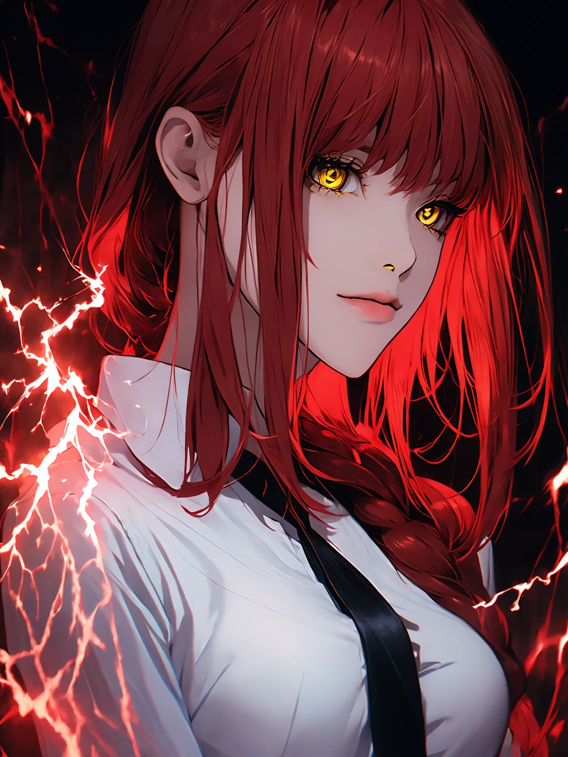 beautiful gorgeous Makima woman staring at the viewer, yellow eyes, sharp, red hair, white shirt, black tie, volumetric lightning, superdetailed