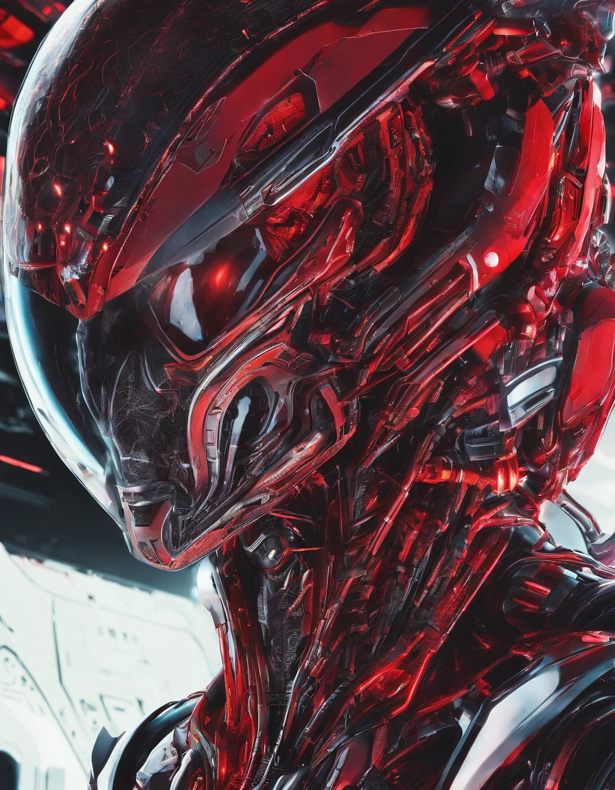 close up of an alien humanoid, ultra detailed face, red and black colors, red as dominant color, red neons, red lights, horror sci fi, ultra detailed, ultra realistic.