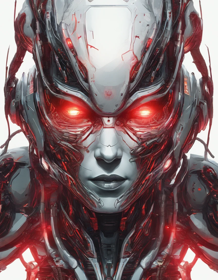 close up of an alien humanoid, ultra detailed face, red and black colors, red as dominant color, red neons, red lights, horror sci fi, ultra detailed, ultra realistic.