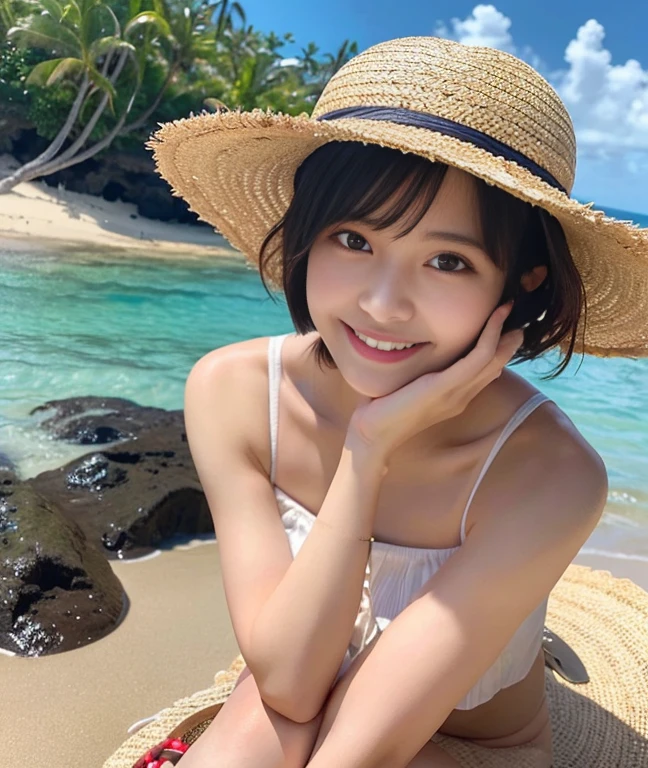 （master piece、8k、Raw photo、Reality）Japan Solo Women、background hawaii beach、short bob cut、one piece、straw hat、hair that feels like the wind、detailed chest、Bursting smile、Ecchi Pose、accessories、Wearing sandals