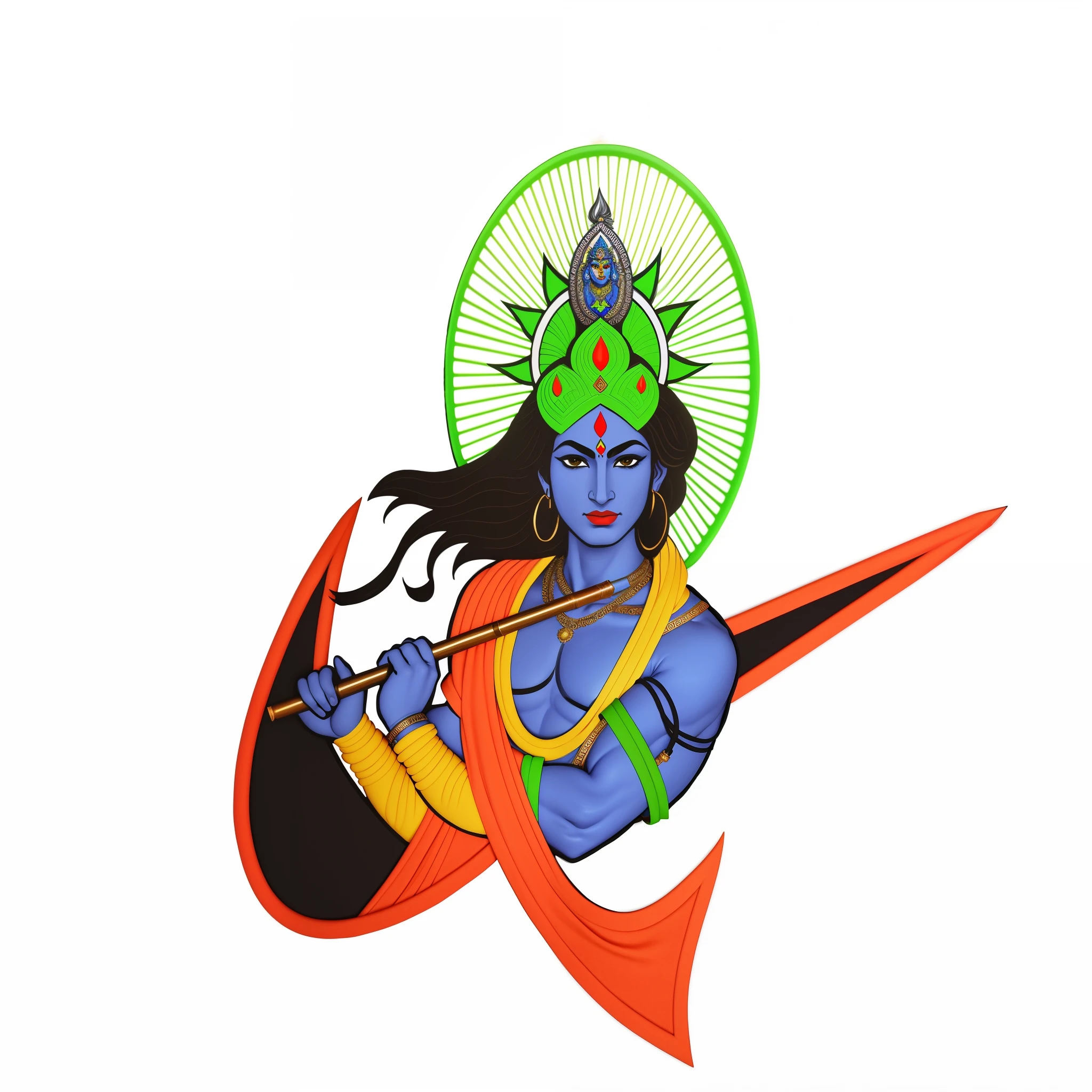 make face more angry and green thunder like flash should come from eyes (Same character, front, side, back) and (full body) (((multiple views of the same character))) a lord krishna man with a flute and a green hat on her head, indian god, god krishna , hindu god, cybertronic hindu temple, neon madhubani, legendary god holding spear, patch design, cyborg hindu godbody, lord shiva, attractive male deity,warrior, hindu gods, vishnu,