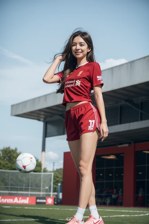 (8ก, best quality, Masterpiece:1.2), (realistic, realistic:1.37), Special details, 1 girl,cute,alone,Beautifully detailed sky,date,(Blush),(smile:1.15),(gag)small breasts,Beautifully detailed eyes,(long hair: 1.2),floating hair NovaFrogStyle, full body, (soccer ball in hand) ,(environment,Football Field) ,(football player set,Liverpool FC,England),(เสื้อLiverpool FC, Red Shirt), (Random shorts)