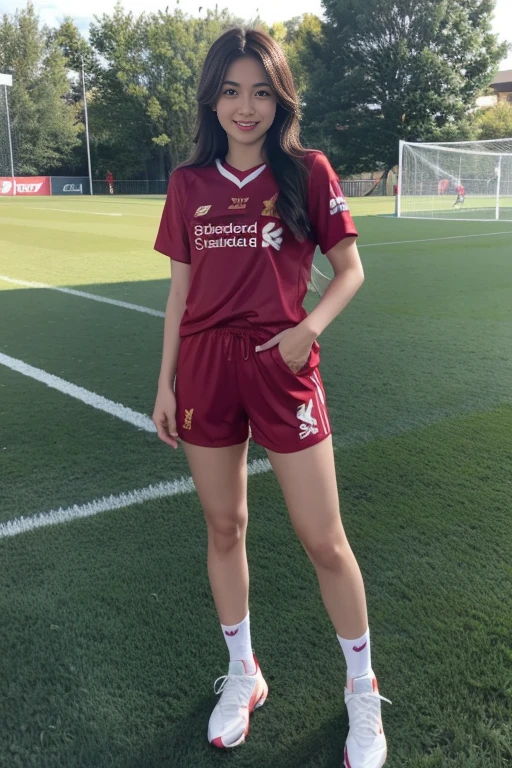(8ก, best quality, Masterpiece:1.2), (realistic, realistic:1.37), Special details, 1 girl,cute,alone,Beautifully detailed sky,date,(Blush),(smile:1.15),(gag)small breasts,Beautifully detailed eyes,(long hair: 1.2),floating hair NovaFrogStyle, full body, (soccer ball in hand) ,(environment,Football Field) ,(football player set,Liverpool FC,England),(เสื้อLiverpool FC, Red Shirt), (Random shorts)  