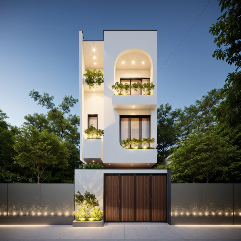 1 morden architect, main material by white wall and wood, 1large yard, 1 road runs in front of the house, (RAW photo, real, best quality, masterpiece:1.2), look morden minimalist, 1 road in front of the house, dynamic lighting:1.3, (hyper realistic, photo-realistic:1.2), high quality, (dark lighting:1.2), perfect lighting, archdaily, no human
