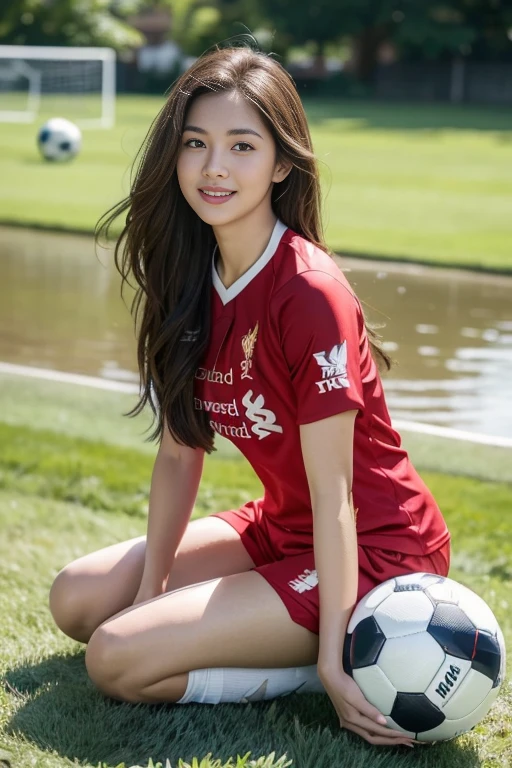 (8ก, best quality, Masterpiece:1.2), (realistic, realistic:1.37), Special details, 1 girl,cute,alone,Beautifully detailed sky,date,(Blush),(smile:1.15),(gag)small breasts,Beautifully detailed eyes,(long hair: 1.2),floating hair NovaFrogStyle, full body, (soccer ball in hand) ,(environment,Lawn by the river) ,(football player set,Liverpool FC,England),(เสื้อLiverpool FC, Red Shirt), (Random shorts)