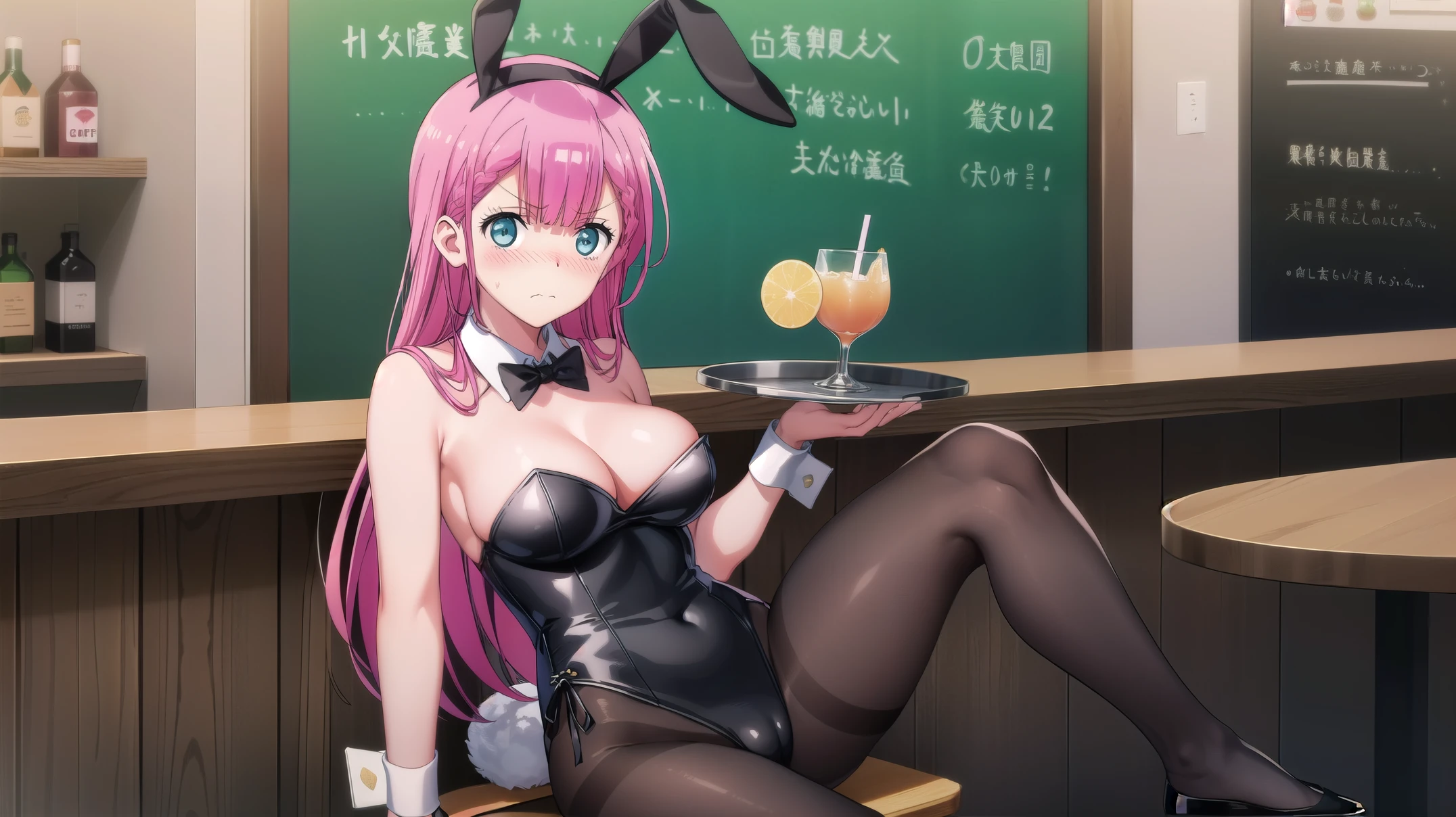 masterpiece, best quality, 1girl, solo, kirisu mafuyu, looking at viewer, annoyed, closed mouth, blush, embarrassed, large breasts, playboy bunny, rabbit ears, black pantyhose, red bowtie, wrist cuffs, black leotard, holding tray, foods, drinks, sitting, spread legs, cafe shop, restaurant, full body,