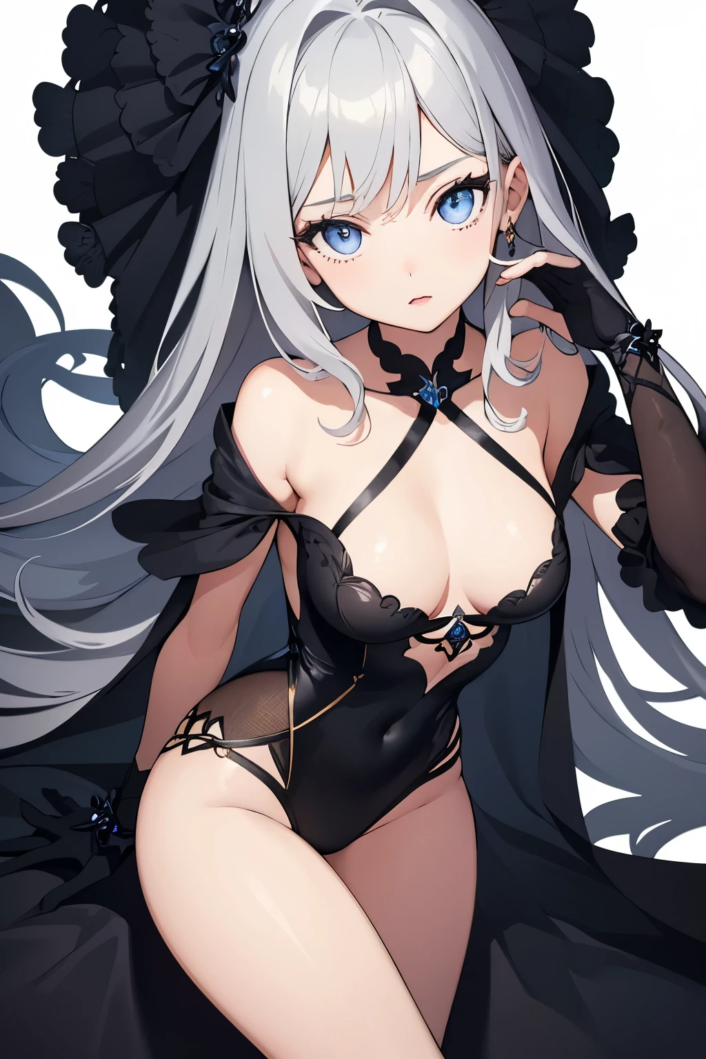 1girl, anime, cute girl, blank background, white background, fantasy, detailed dark fantasy dress with highlights, beautiful face, beautiful eyes, dark colors, silver hair, slightly small breasts, slight cleavage, beautiful skin, cute, breast curtains, extremely delicate and beautiful, (beautiful detailed face:1.0), (detailed deep eyes), symmetrical breasts, deep eyes, shiny skin, portrait, slender waist, hips wider than shoulders, thighs, young girl, expressionless, luminous eyes