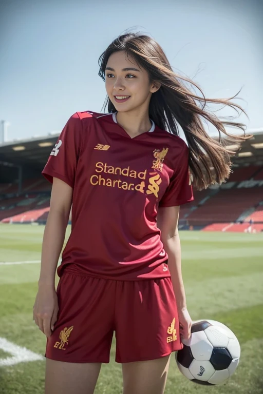 (8ก, best quality, Masterpiece:1.2), (realistic, realistic:1.37), Special details, 1 girl,cute,alone,Beautifully detailed sky,date,(Blush),(smile:1.15),(gag)big breasts,Beautifully detailed eyes,(long hair: 1.2),floating hair NovaFrogStyle, full body, (soccer ball in hand) ,(environment,Football Field) ,(football player set,Liverpool FC,England),(เสื้อLiverpool FC, Red Shirt), (Random shorts)