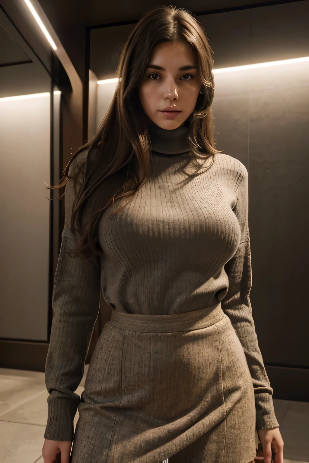 avamorgan, brunette woman, age 28 years old, weight 55 kg, height 167cm, hair color dark brown, eye color brown, waist 60cm, bust 86cm, ((breast 85cm)) ,1girl,sexy pose,best quality,masterpiece,illustration,an extremely delicate and beautiful,CG,unity,8k wallpaper,Amazing,finely detail,masterpiece,official art,extremely detailed CG unity 8k wallpaper,incredibly absurdres,huge filesize,ultra-detailed,highres,extremely detailed,beautiful detailed girl,realistic,full frontal,outdoors,turtleneck shirt,skirt,light contrast,