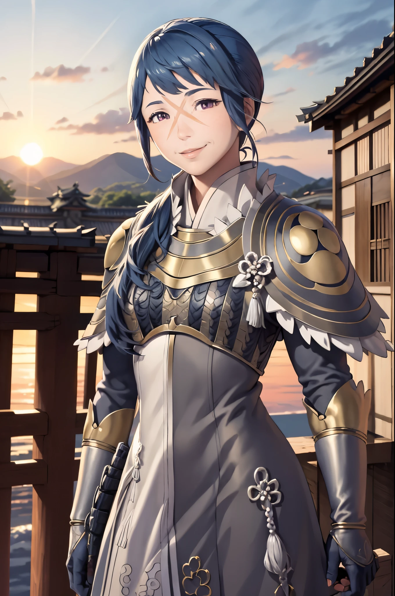 masterpiece, best quality, fereina, scar on face, armor, short dress, upper body, looking at viewer, smile, sky, sunrise, japanese architecture 