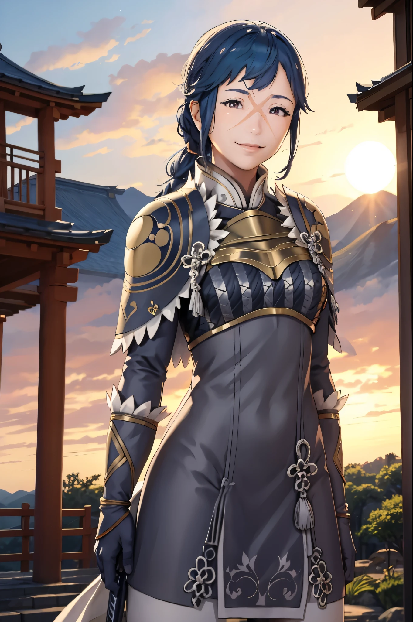 masterpiece, best quality, fereina, scar on face, armor, short dress, upper body, looking at viewer, smile, sky, sunrise, japanese architecture 