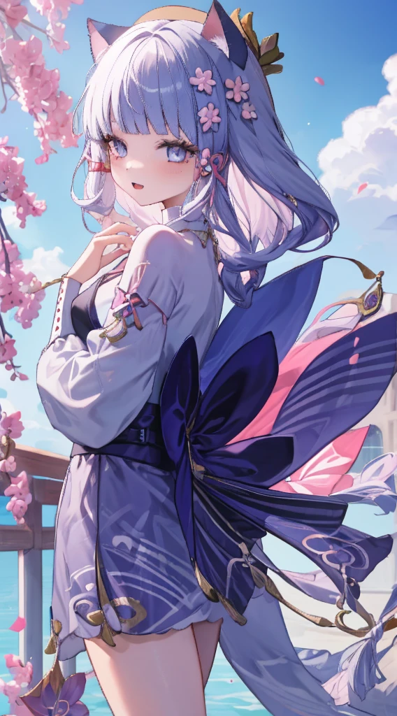 Delicate eyes,full-body shot,a girl,meet,Bare-legged,barefoot,watercolor style,Cat style,Public area display,,cat ears,ta,Pink bow,Open your mouth and smile,ligation bracelet,Superior image quality,best quality