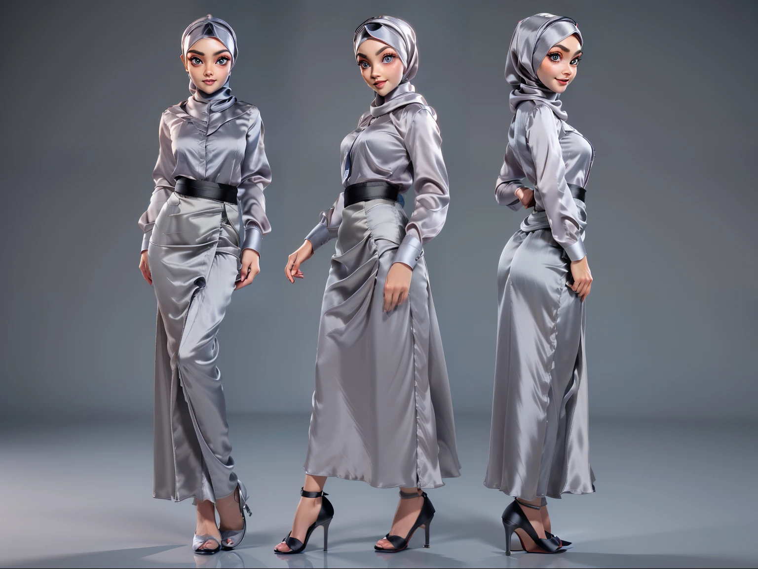 3dmm style, ((Masterpiece, best quality, photography, detailed skin, realistic, photo-realistic, 3D Character Design, pixar, real cartoon, High detail RAW colour art, diffused soft lighting, shallow depth of field, sharp focus, hyperrealism, cinematic lighting, ((close up)) hijab, a turkish lady, beautifully makeup, brown beautiful big eyes, long eye lashes, wearing ((Gray satin hijab)), loosely tide hijab style, ((gray satin shirt)), ((black satin long skirt)), front view.
