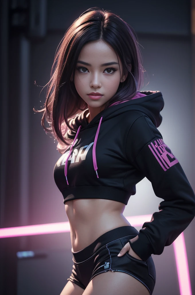 (best quality,4k,8k,highres,masterpiece:1.2),ultra-detailed,(realistic,photorealistic,photo-realistic:1.37),portrait of a girl in a vibrant and energetic atmosphere, wearing a hoodie, dancing to popular music, with dynamic movements, cyberpunk style lighting